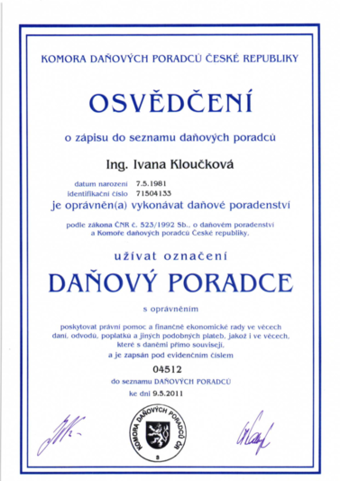 Osvědčení o zápisu daňového poradce do komory - Ivana Kloučková